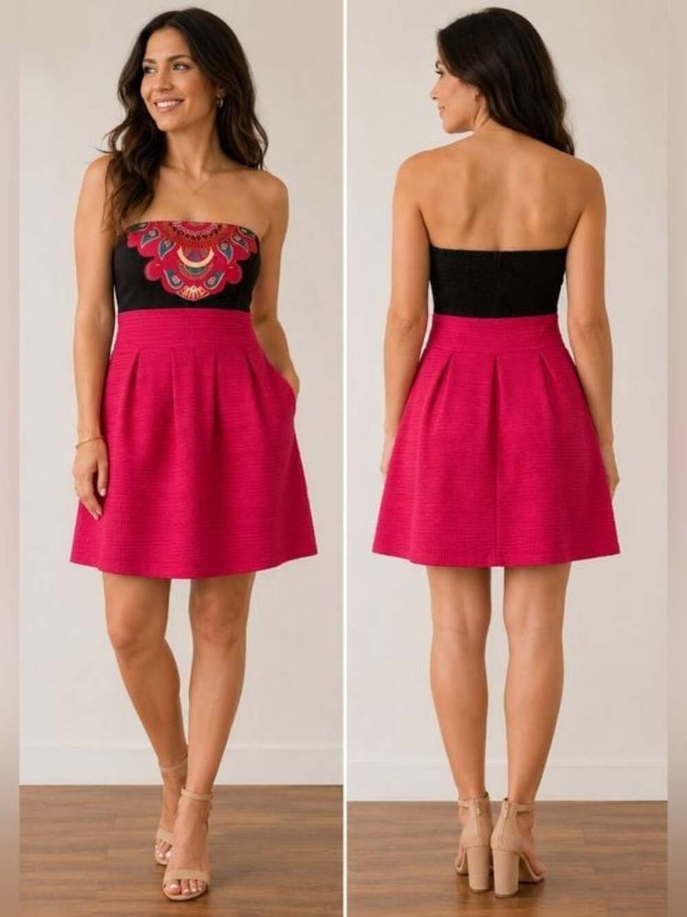 New York & Company dress womens M pink scalloped strapless mini pleated paisley﻿